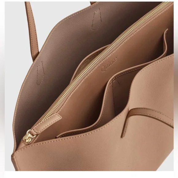 NWOT Quince Italian Leather Triple Compartment Shopper Tote In Cappuccino - Picture 6 of 9